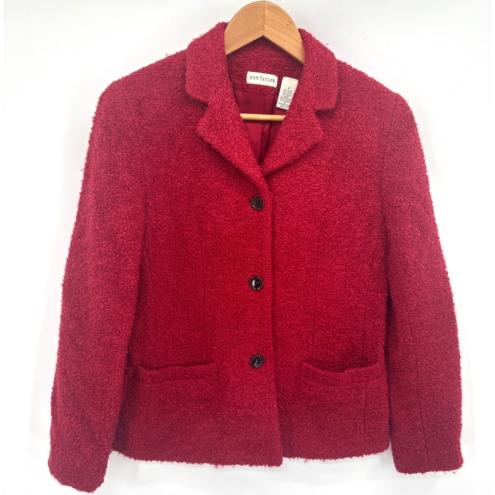 Ann Taylor Women Blazer 6 Red Boucle Wool Blend Button Up Jacket VTG 90's